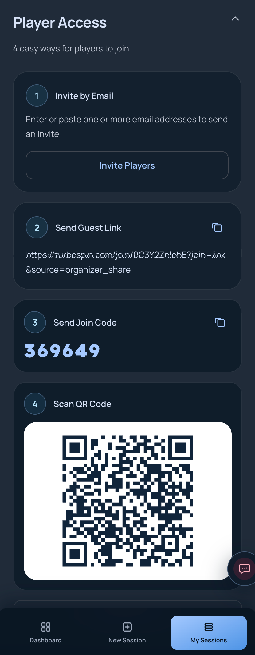 TurboSpin player access screen with email invite, guest link, join code, and QR code options