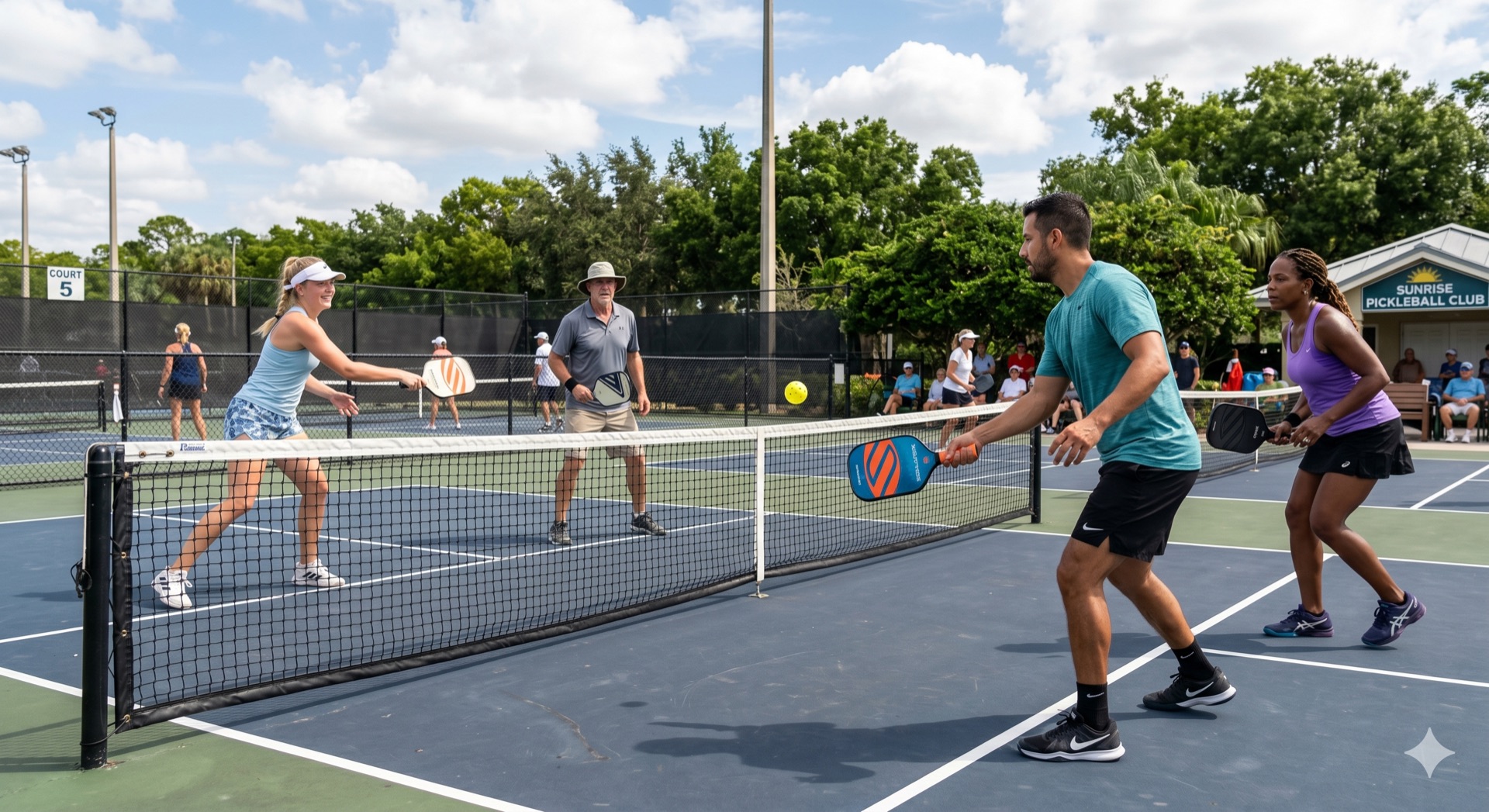 Pickleball players on outdoor courts